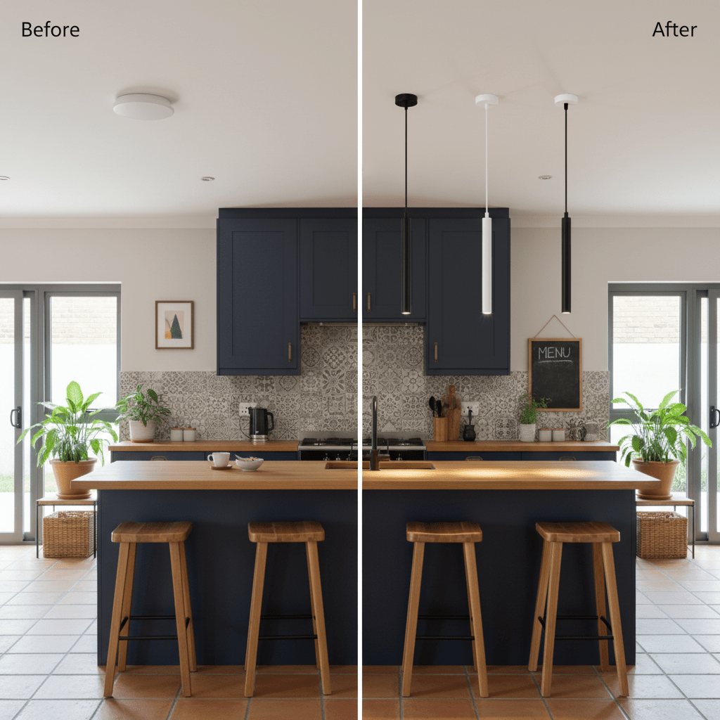 Comparison of kitchen lighting before and after installation of slim LED pendant lights above the island.