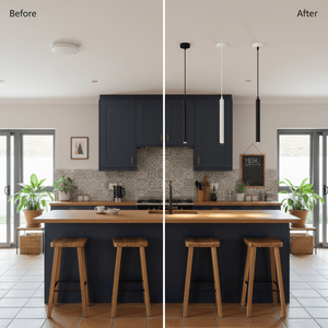 Comparison of kitchen lighting before and after installation of slim LED pendant lights above the island.