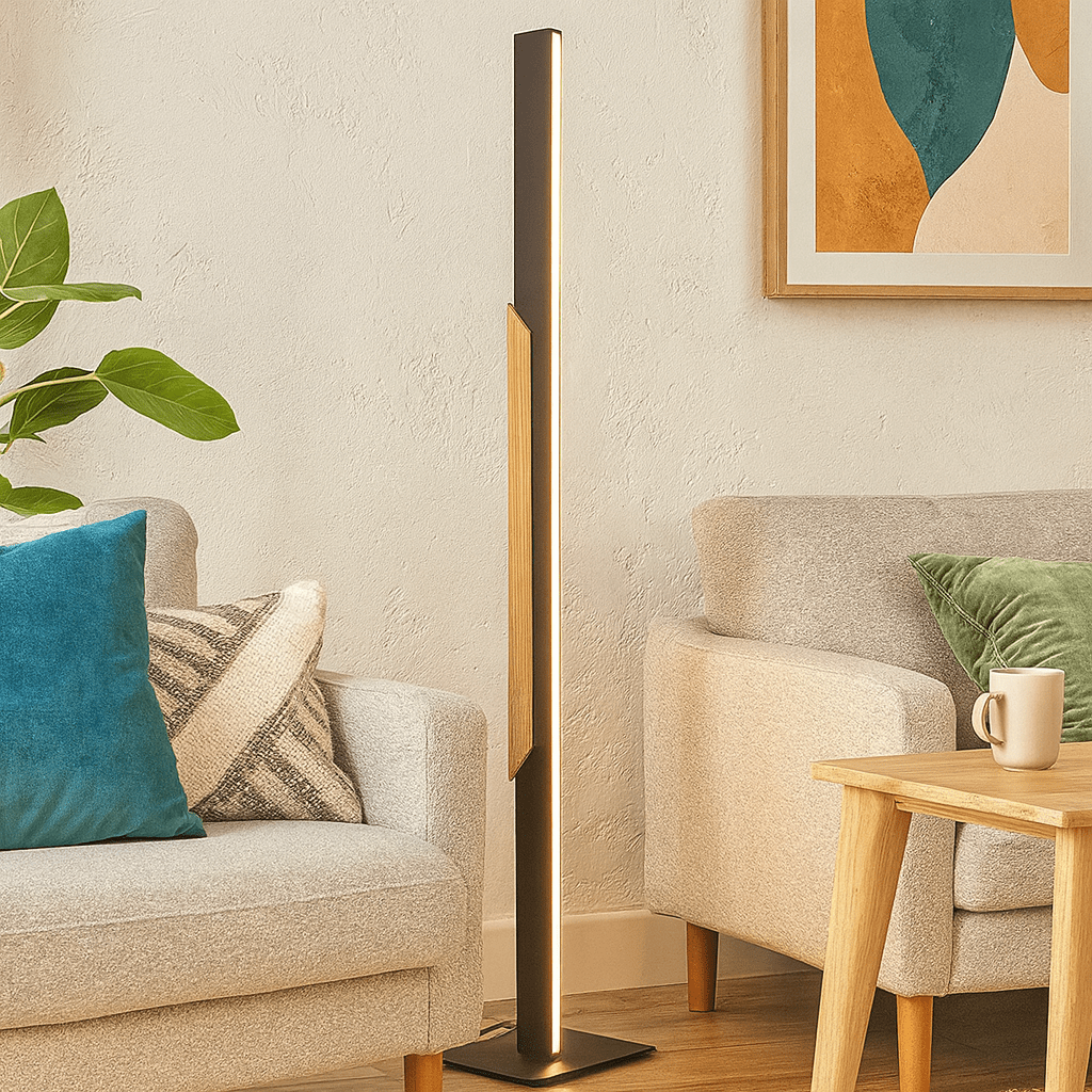 Buy floor lamps in Cape Town, realistic Future Light style showroom scene with modern floor lamps for lounges and offices, warm LED lighting, 800x800 composition with charcoal and brass accents