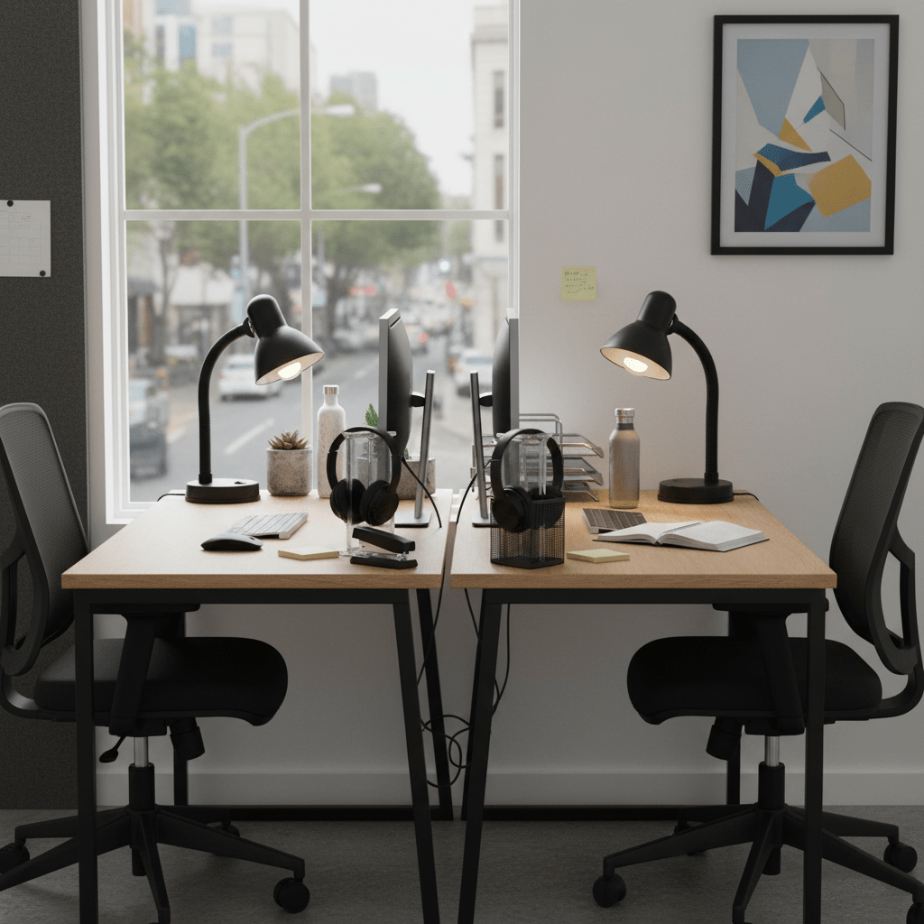 Modern black desk lamp on a shared office desk, illuminating workspace with computers and stationery.