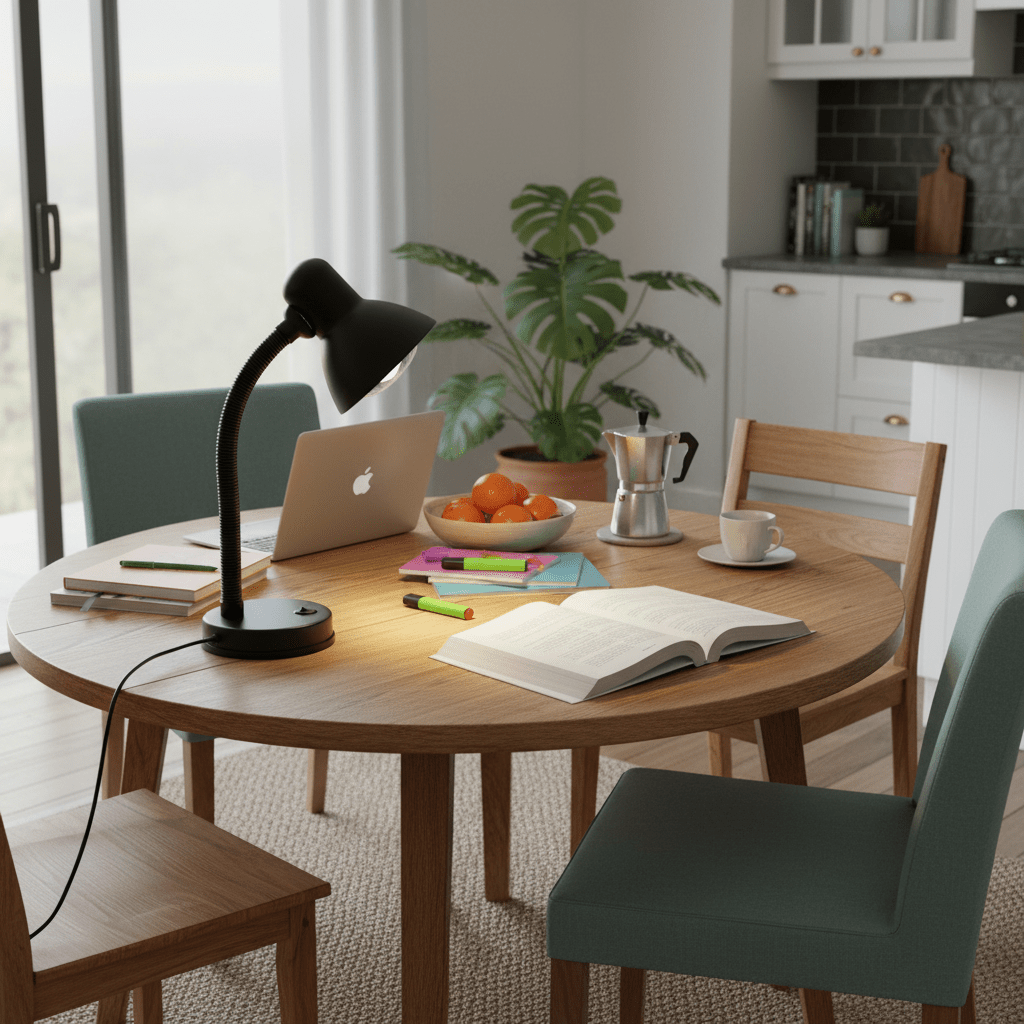 Black desk lamp illuminating an open book on a round wooden table with a laptop and stationery.