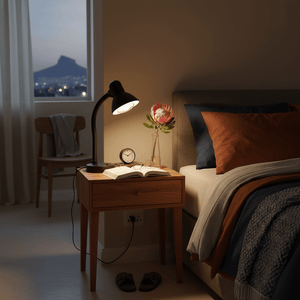 Black desk lamp on a bedside table illuminating an open book, with a flower vase and clock nearby.