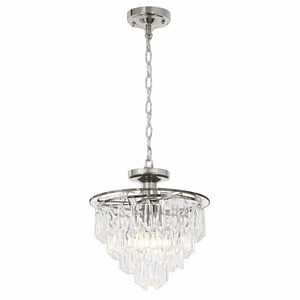 Chandelier with clear glass and silver metal finish on a white background