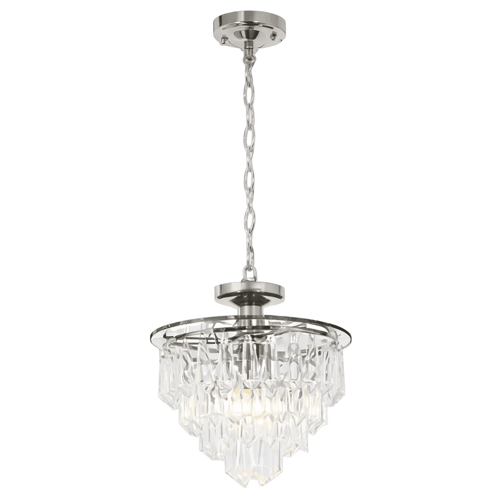 Polished chrome pendant light with a circular base, chain, and clear acrylic crystal accents forming a layered design.