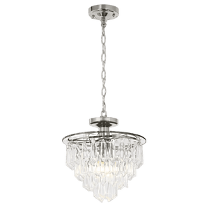 Polished chrome pendant light with a circular base, chain, and clear acrylic crystal accents forming a layered design.