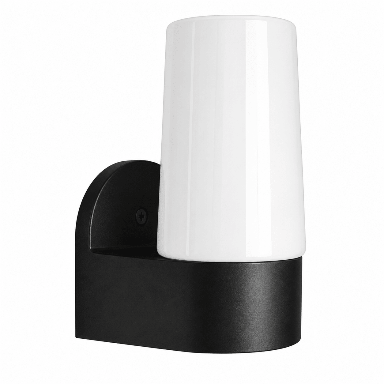 Black wall-mounted light fixture with a white cylindrical shade on a white background