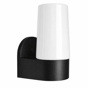 Black wall-mounted light fixture with a white cylindrical shade on a white background