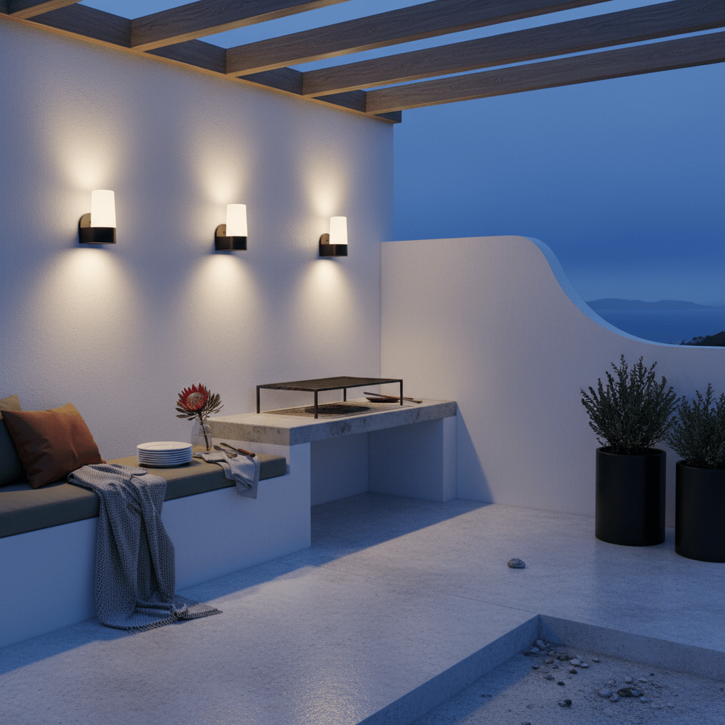 Three black outdoor wall lights illuminate a modern patio with a stone table and greenery.