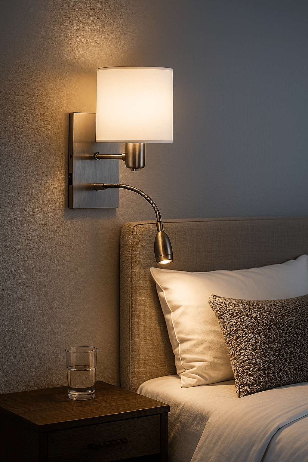 Bedroom scene with a wall-mounted lamp, nightstand, and bed.