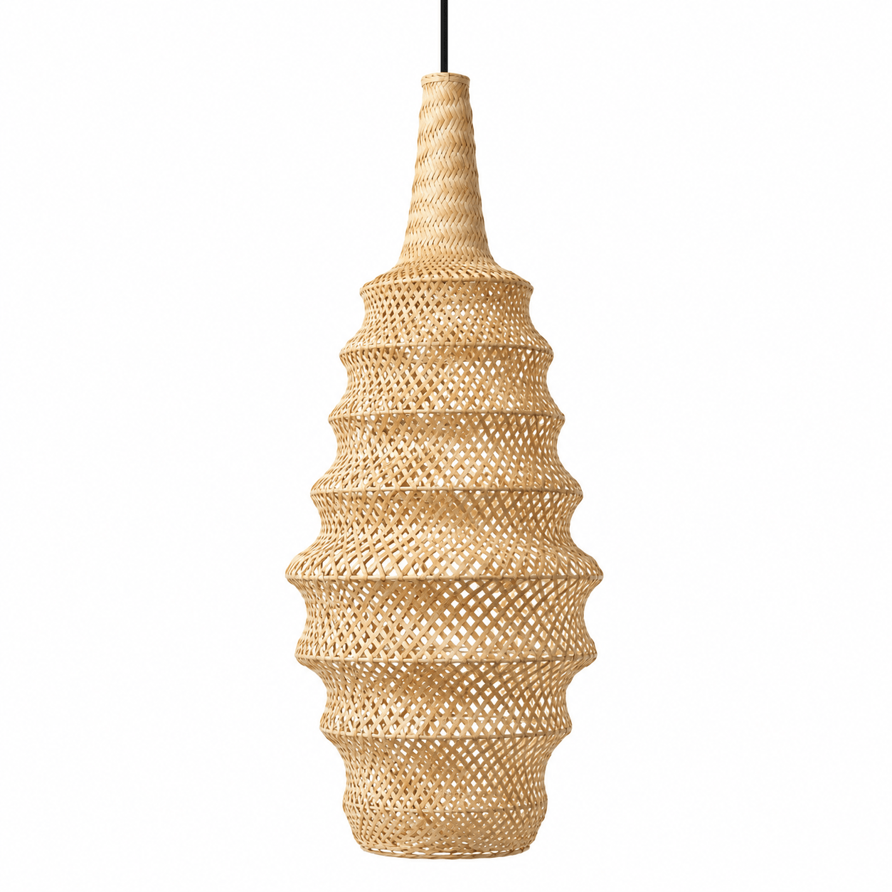 Scandinavian-inspired woven rattan pendant light with a unique textured design.