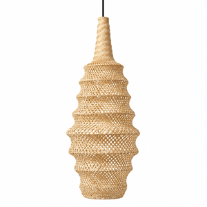 Scandinavian-inspired woven rattan pendant light with a unique textured design.
