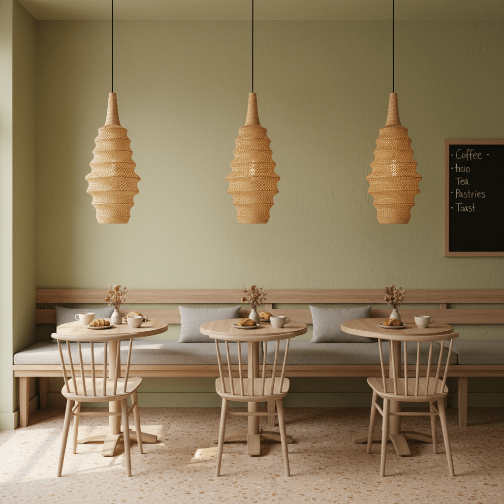 Three woven rattan pendant lights hang above wooden tables in a cozy dining area with soft green walls.