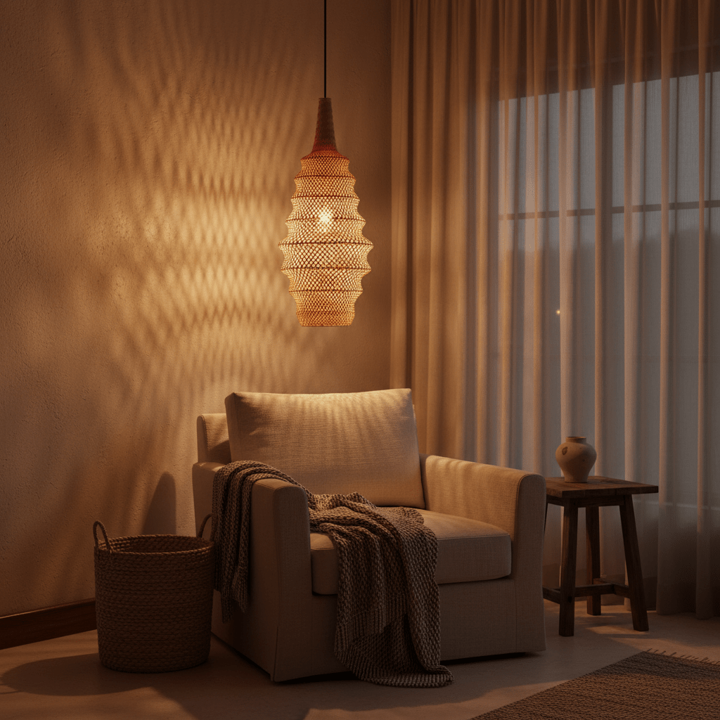Woven rattan pendant light casting warm shadows above a cozy armchair with a blanket.