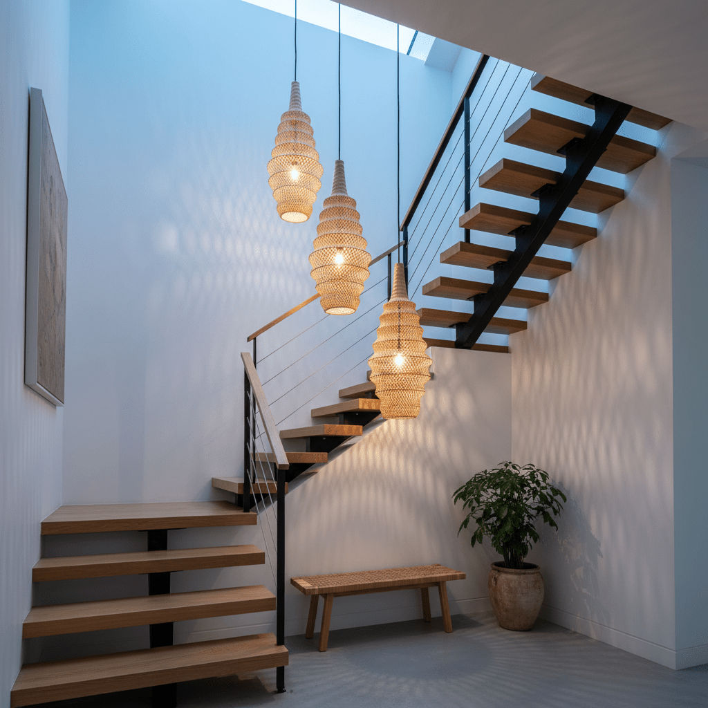 Three woven rattan pendant lights hang above a wooden staircase, casting warm light and shadows.
