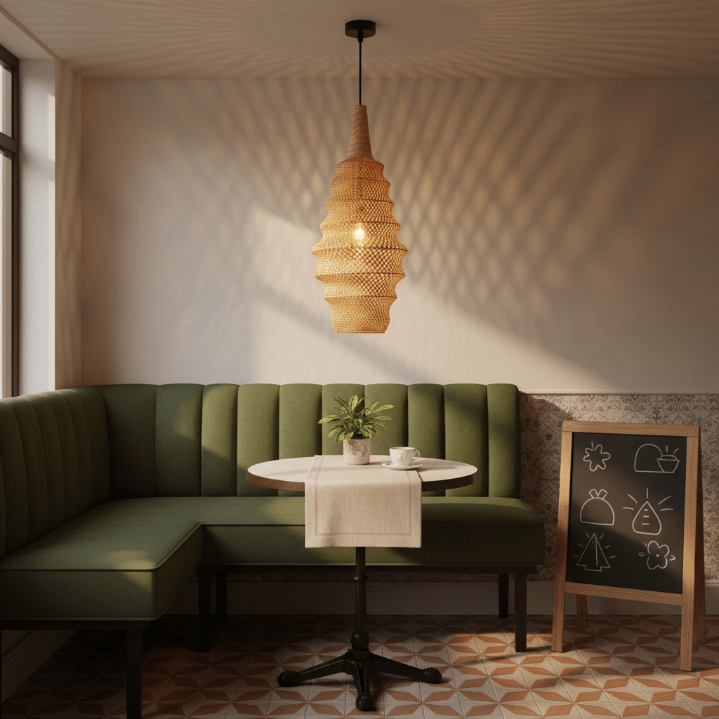 Ocean Rattan Pendant 310 hanging above a round table in a cozy green booth, casting soft shadows.