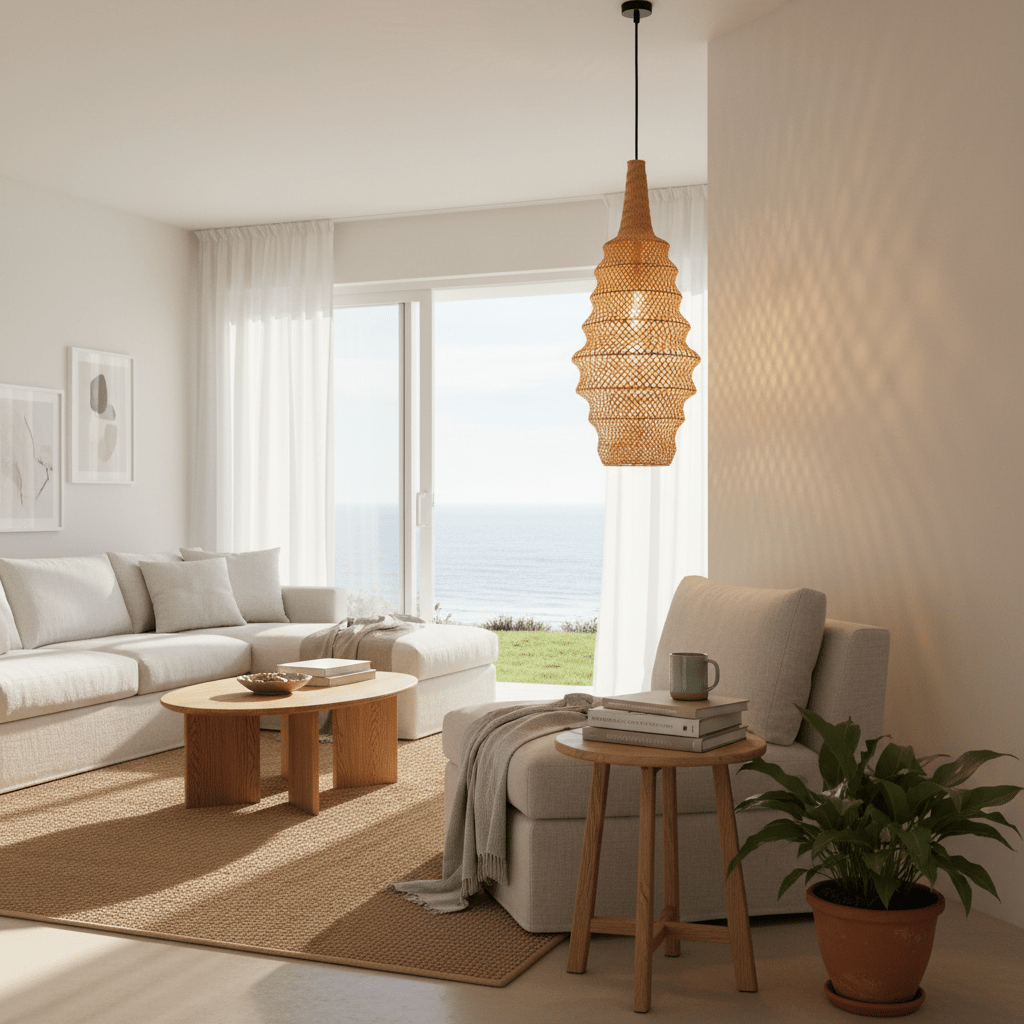 Scandinavian-style woven rattan pendant light hanging in a bright living room with ocean view.