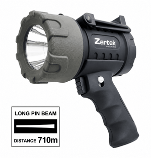 Zartek Long Beam LED Spotlight with rubberized grip and focused lens, showcasing 710m beam distance.
