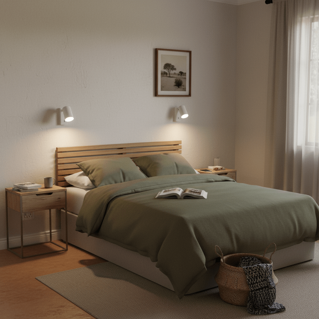 Cozy bedroom with green bedding, wooden headboard, and side tables.