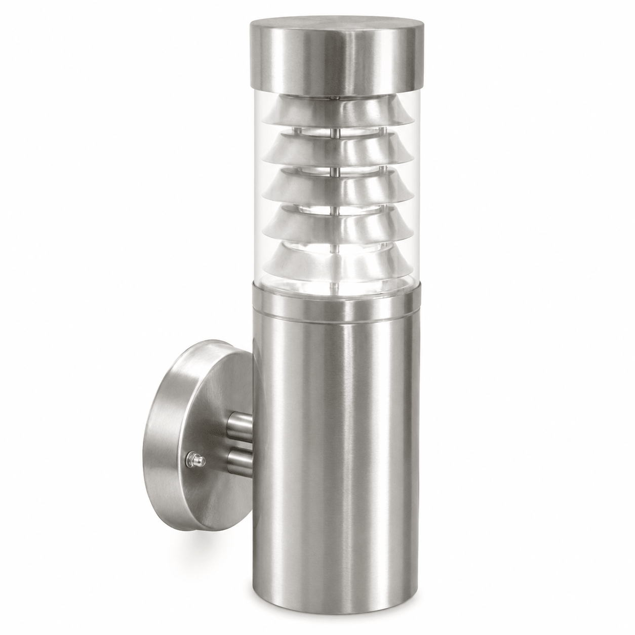 Stainless steel outdoor wall light fixture on a white background