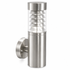 Stainless steel outdoor wall light fixture on a white background