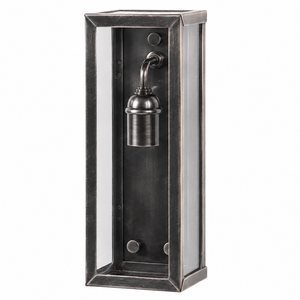 A rectangular wall sconce with a dark metallic frame and a central cylindrical bulb holder, shown against a plain white background.