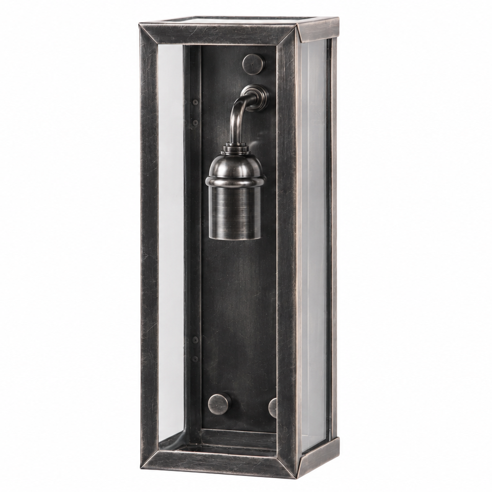 A rectangular wall sconce with a dark metallic frame and a central cylindrical bulb holder, shown against a plain white background.