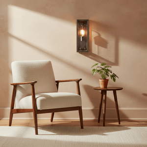 Antique silver outdoor wall light mounted beside a cozy chair and plant, casting soft shadows.