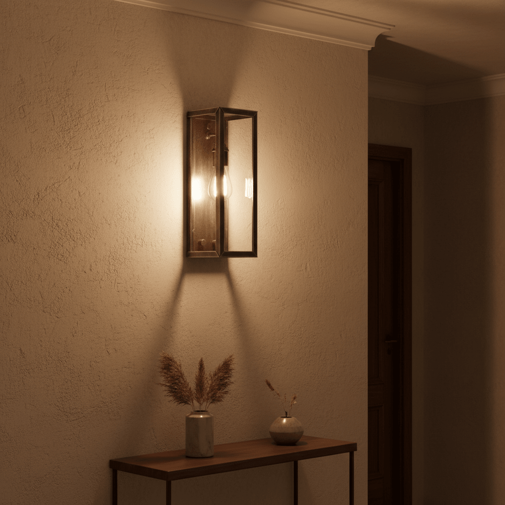 Antique silver outdoor wall light mounted on a textured wall, illuminating a wooden console table with decor.