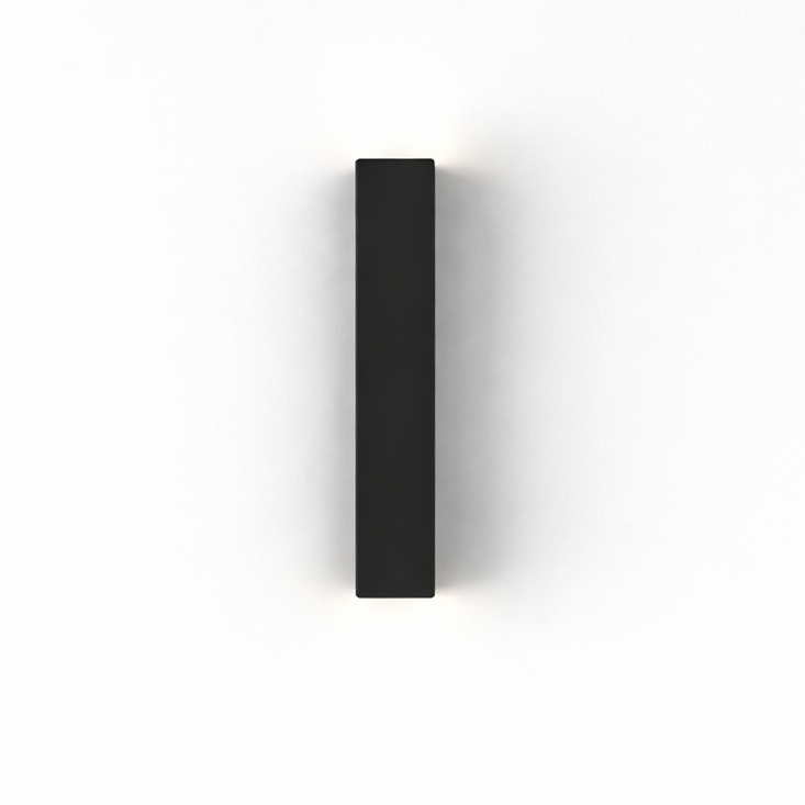 Black rectangular outdoor wall light on a white background