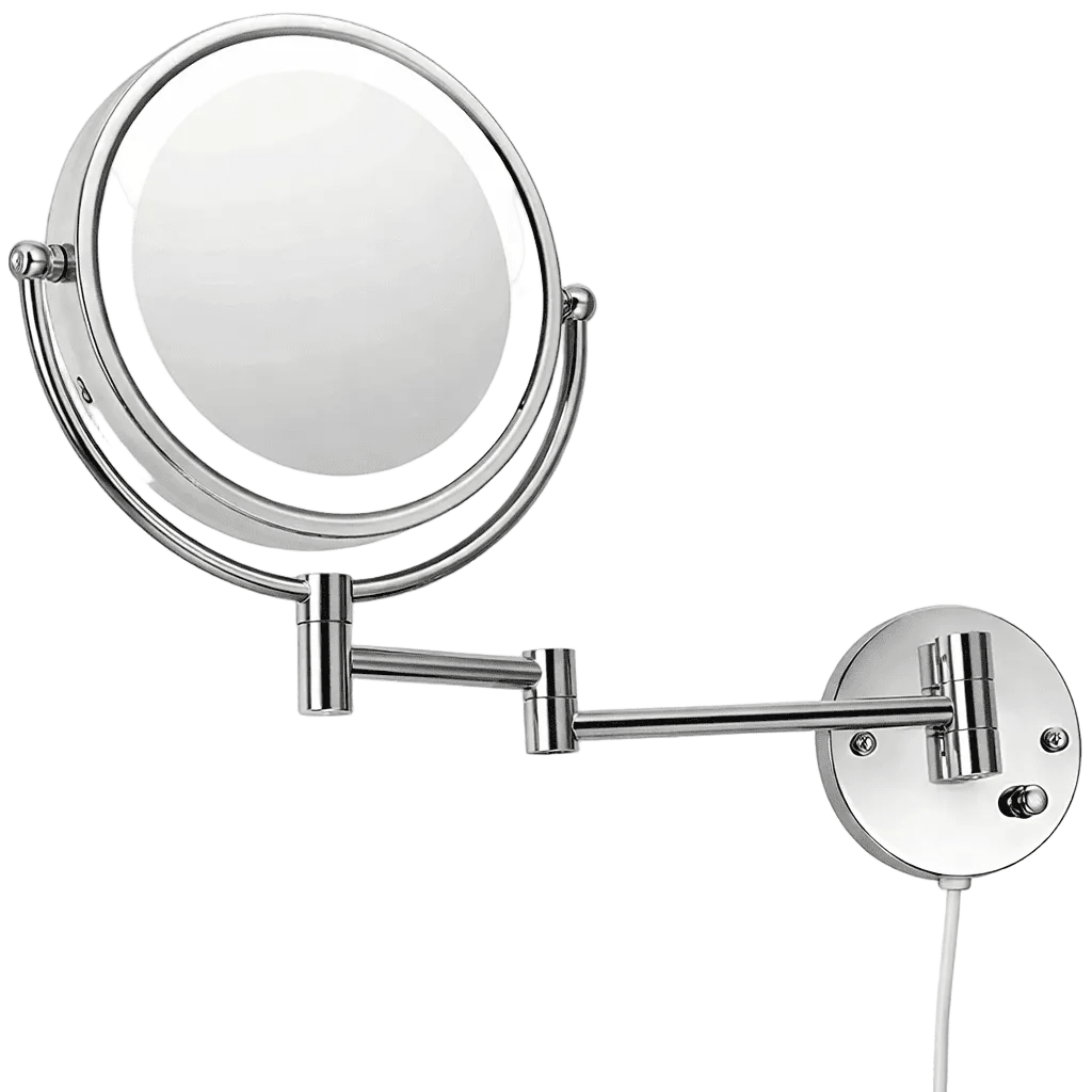 A round, wall-mounted LED cosmetic makeup mirror with a chrome finish and adjustable arm.