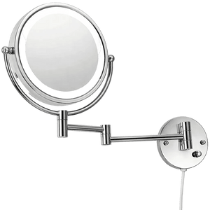 A round, wall-mounted LED cosmetic makeup mirror with a chrome finish and adjustable arm.