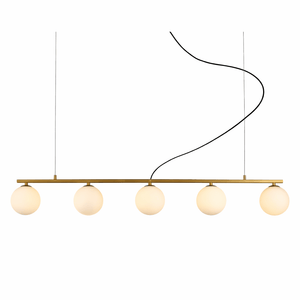 Modern pendant light with five round glass shades on a white background