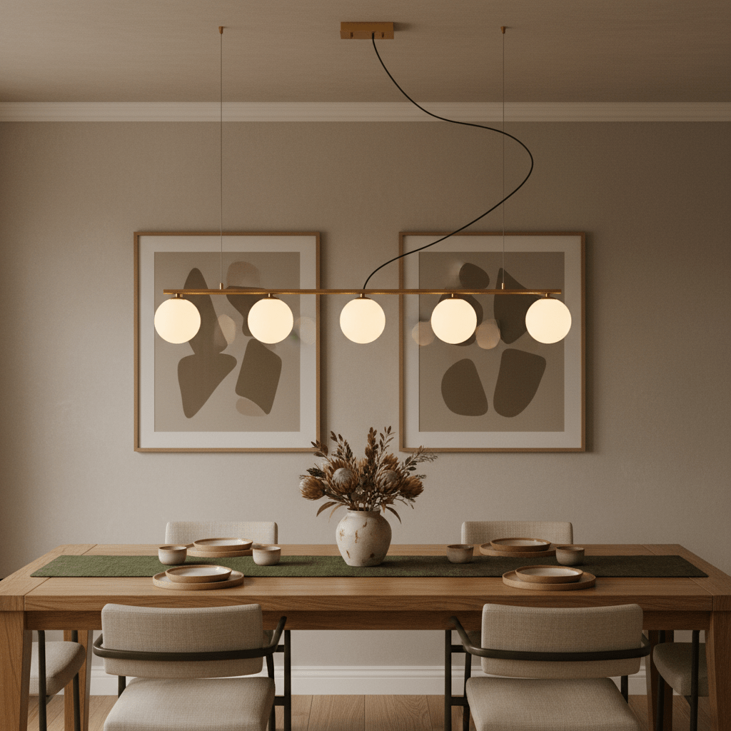 Linear pendant light with five glass shades in a modern dining setting, featuring a wooden table and decorative vase.