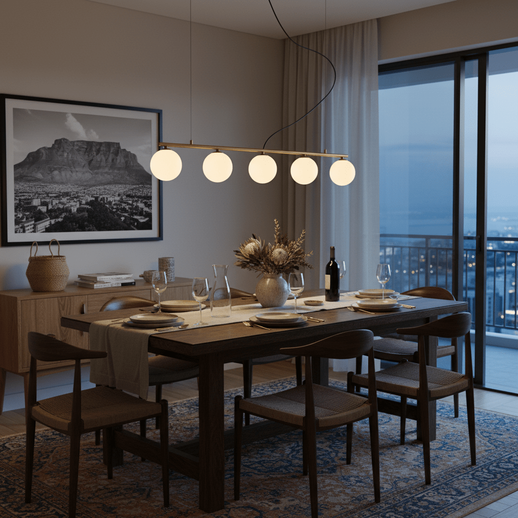 Linear pendant light with five glass shades above a dining table, creating a warm ambiance.