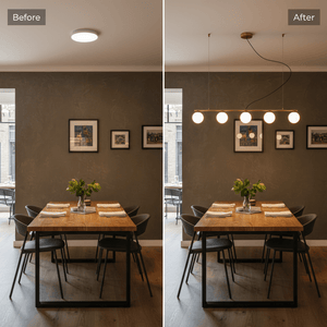 Lifestyle image showing a dining area transformed with a sleek linear pendant light above a wooden table.