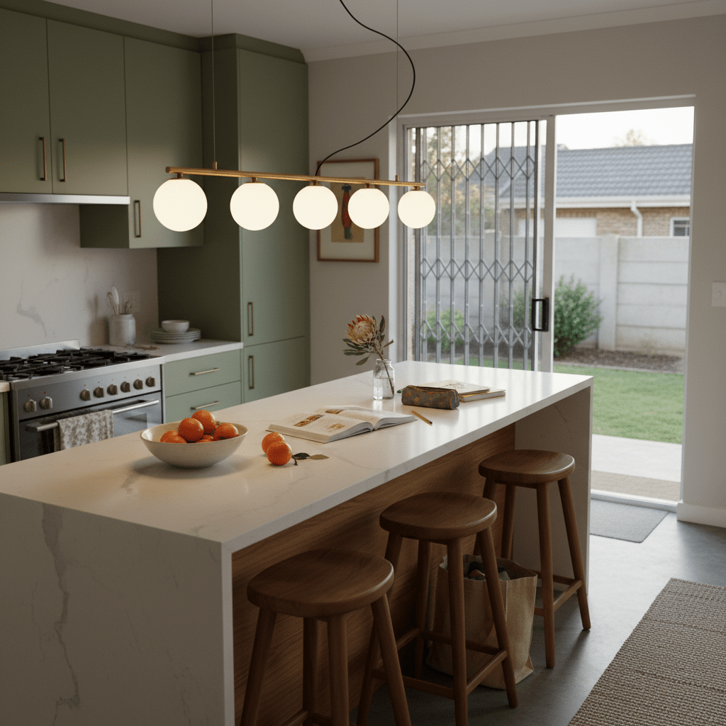 Linear pendant light with five glass shades hanging over a kitchen island, surrounded by modern decor.