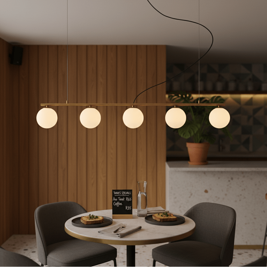 Linear pendant light with five glass shades above a dining table, creating a warm ambiance.
