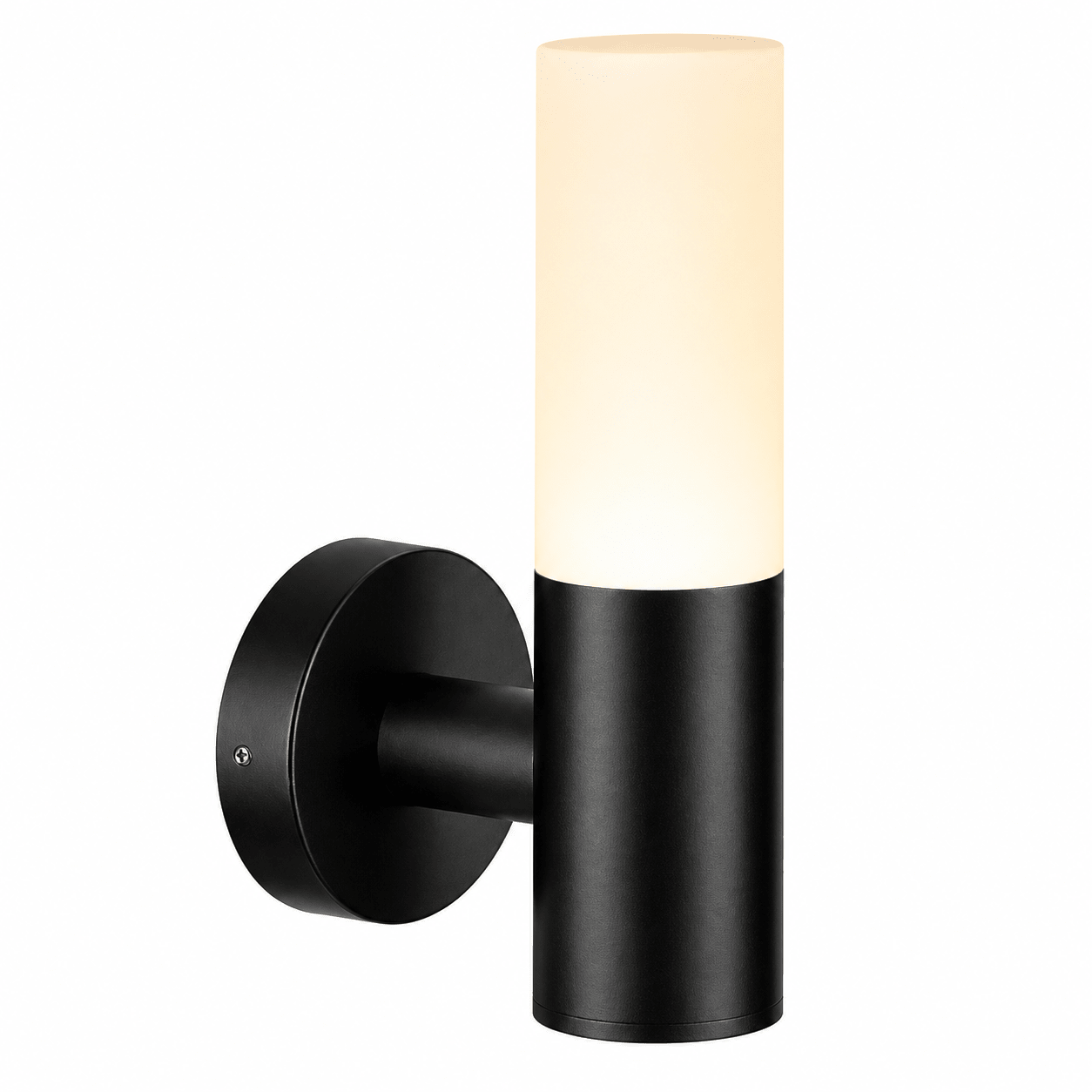 Black wall-mounted light fixture with a white cylindrical shade on a white background