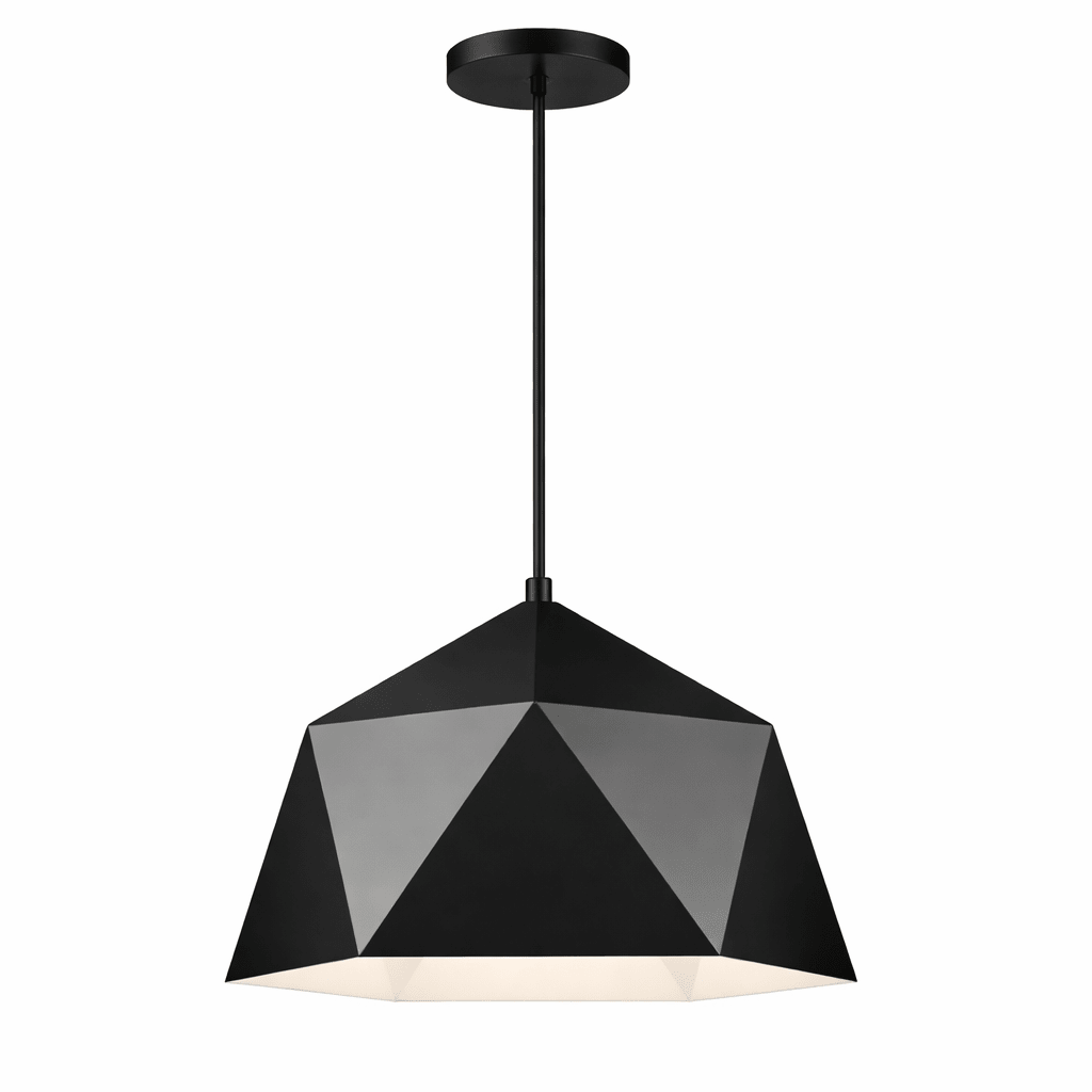 Black geometric pendant light on a white background