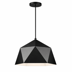 Black geometric pendant light on a white background