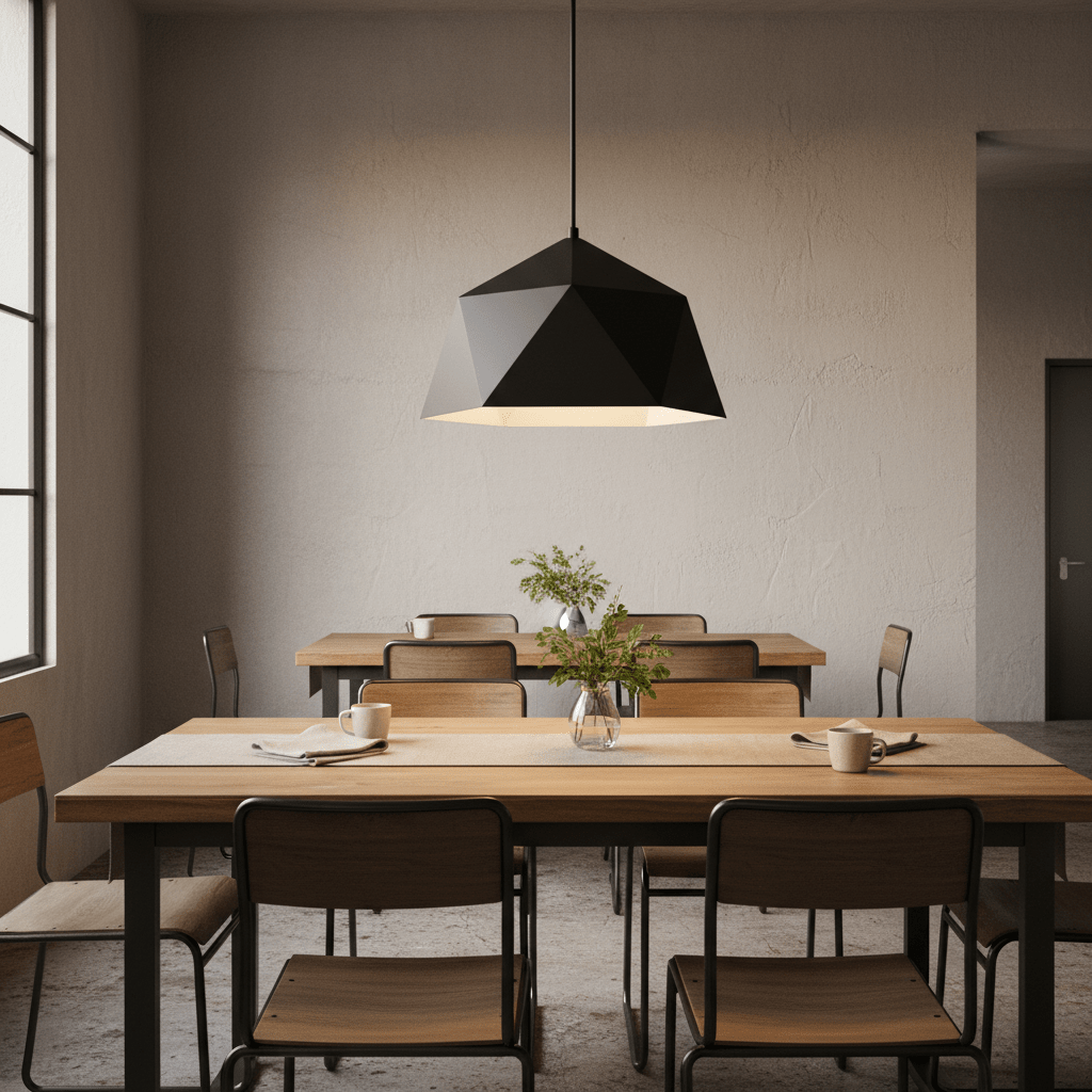 Black metal pendant light hanging over a wooden dining table with chairs, featuring a minimalist design.