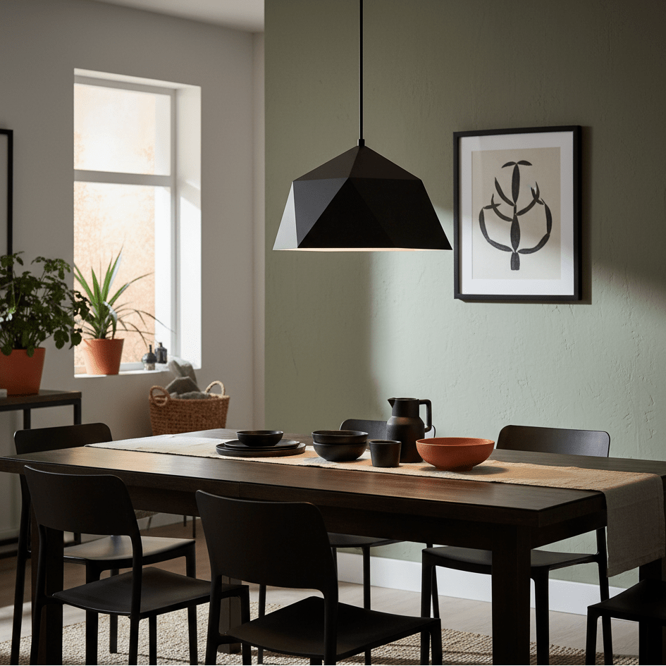 Black metal pendant light hanging over a dining table set with plates and bowls, surrounded by chairs.