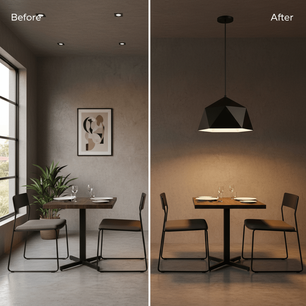 Before and after comparison of a dining area featuring the black metal pendant light, enhancing ambiance.