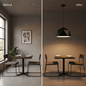 Before and after comparison of a dining area featuring the black metal pendant light, enhancing ambiance.