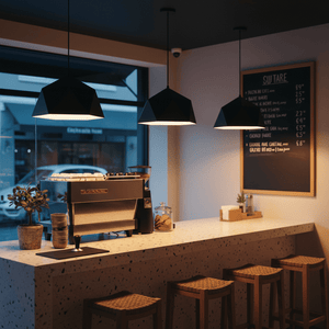 Three black metal pendant lights hang over a café counter, illuminating a coffee machine and seating area.