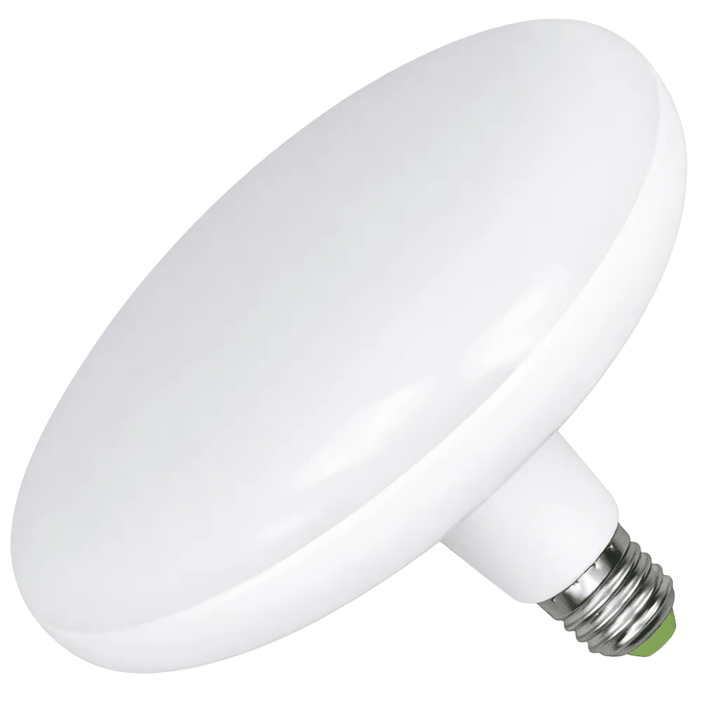 A white, round LED UFO pendant lamp with a metallic E27 base, shown at an angle against a black background.