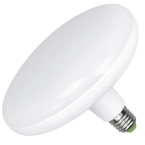 A white, round LED UFO pendant lamp with a metallic E27 base, shown at an angle against a black background.