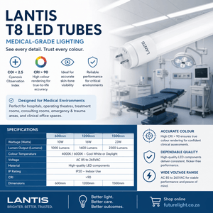 Infographic detailing Lantis T8 LED tubes with specifications and benefits for medical environments.