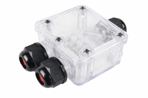 Clear waterproof junction box with double entry ports and terminal block for secure wiring connections.