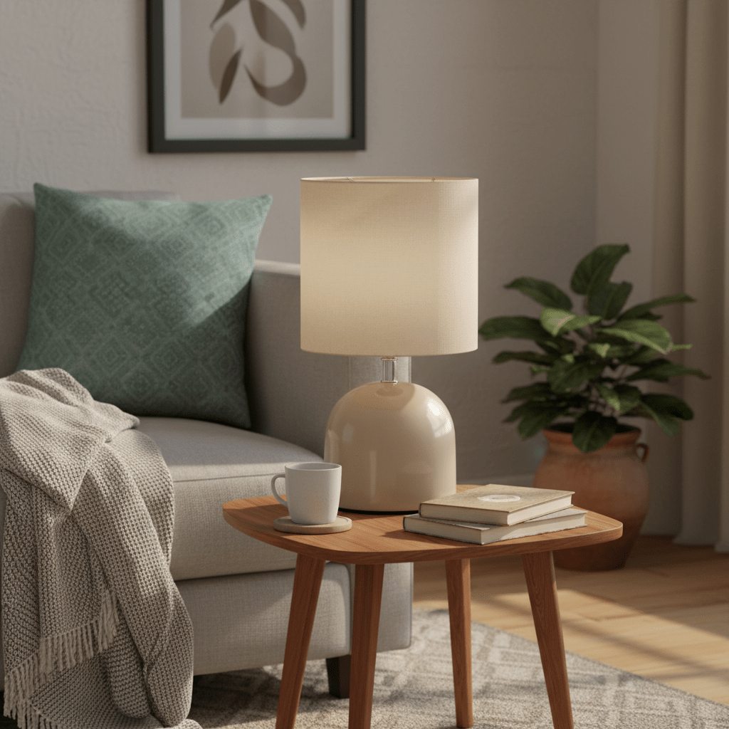 Beige metal table lamp with fabric shade on a wooden side table, beside a cozy sofa with a green cushion.